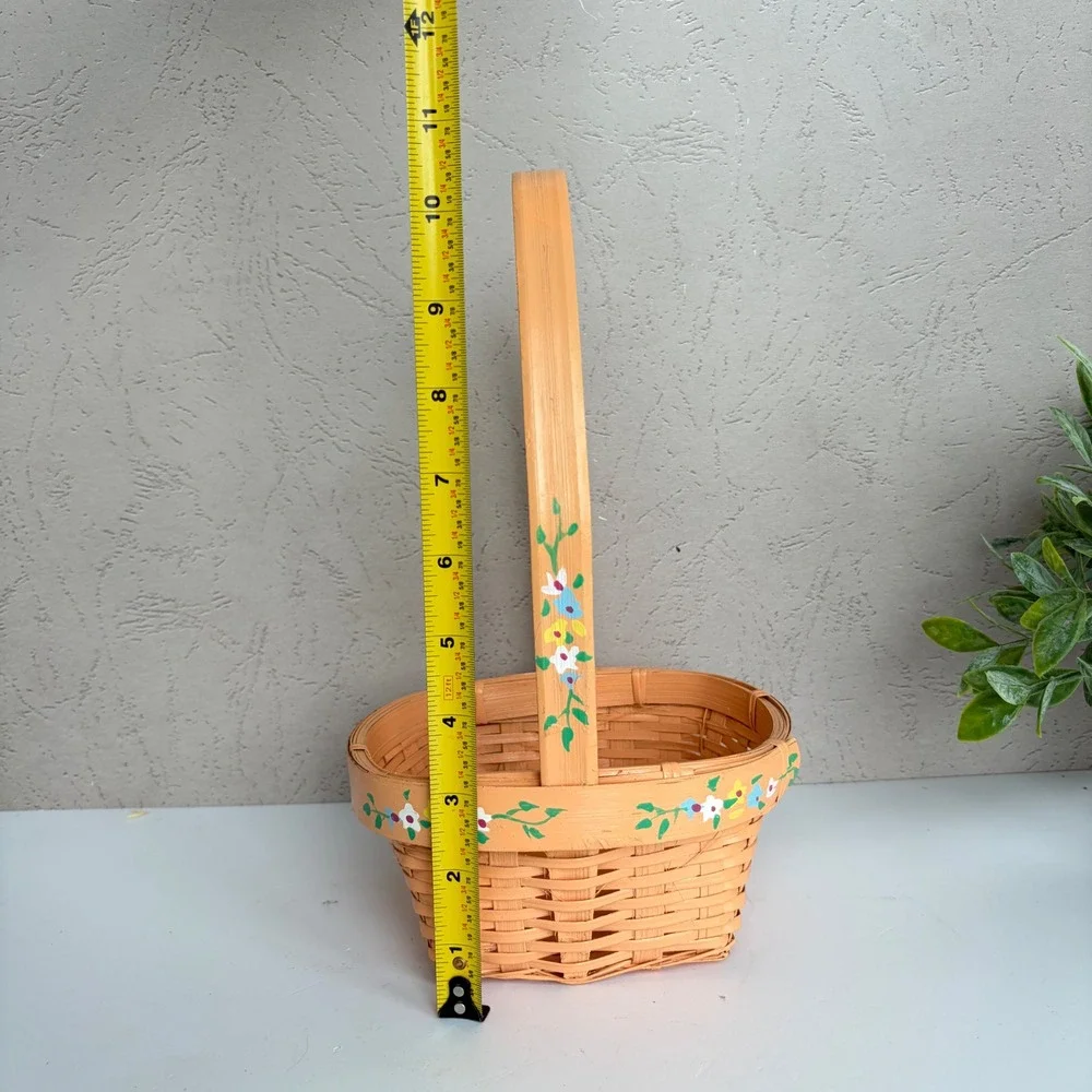 Vintage Hand Painted Woven Wood Floral Basket Peach Orange Cottagecore Decor